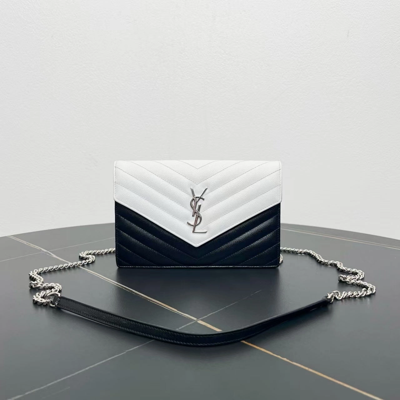 Saint Laurent Monogram Chevron Black White Shoulder Bag