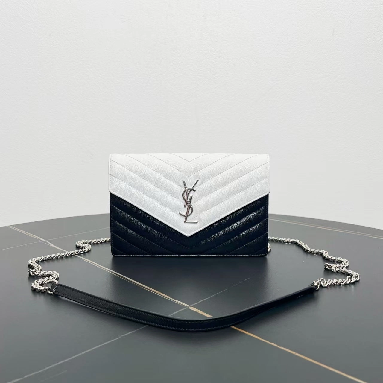 Saint Laurent Monogram Chevron Black White Shoulder Bag