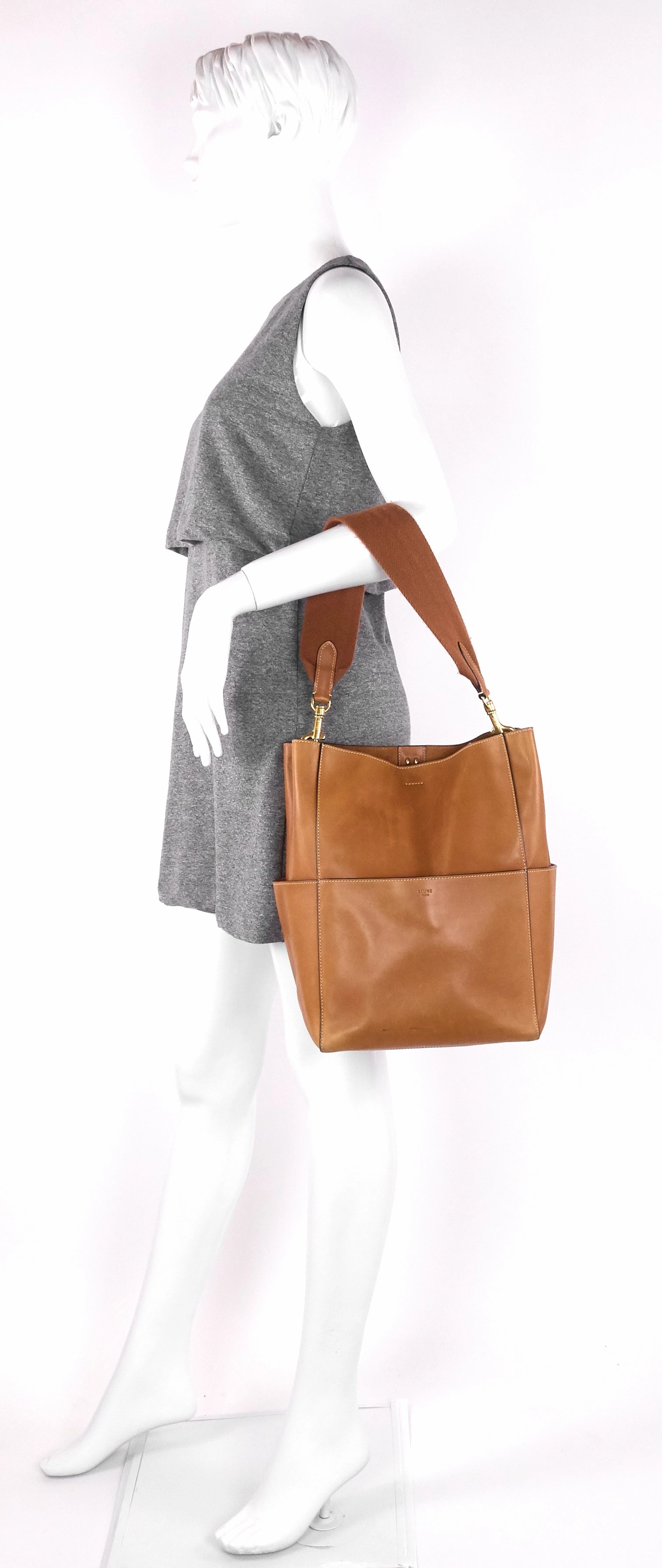 Sangle Large Natural Calfskin Leather Bucket Bag