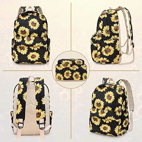 Sunflower Backpack Set 3-in-1 Kids School Bag, Junlion Laptop Backpack Lunch Bag Pencil Case Gift for Teen Girls Womens Black
