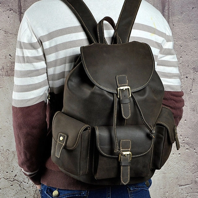Top Quality Crazy Horse Cowhide First Layer Knapsack Male Computer Bag School Bags Vintage