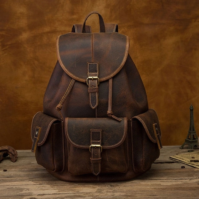 Top Quality Crazy Horse Cowhide First Layer Knapsack Male Computer Bag School Bags Vintage
