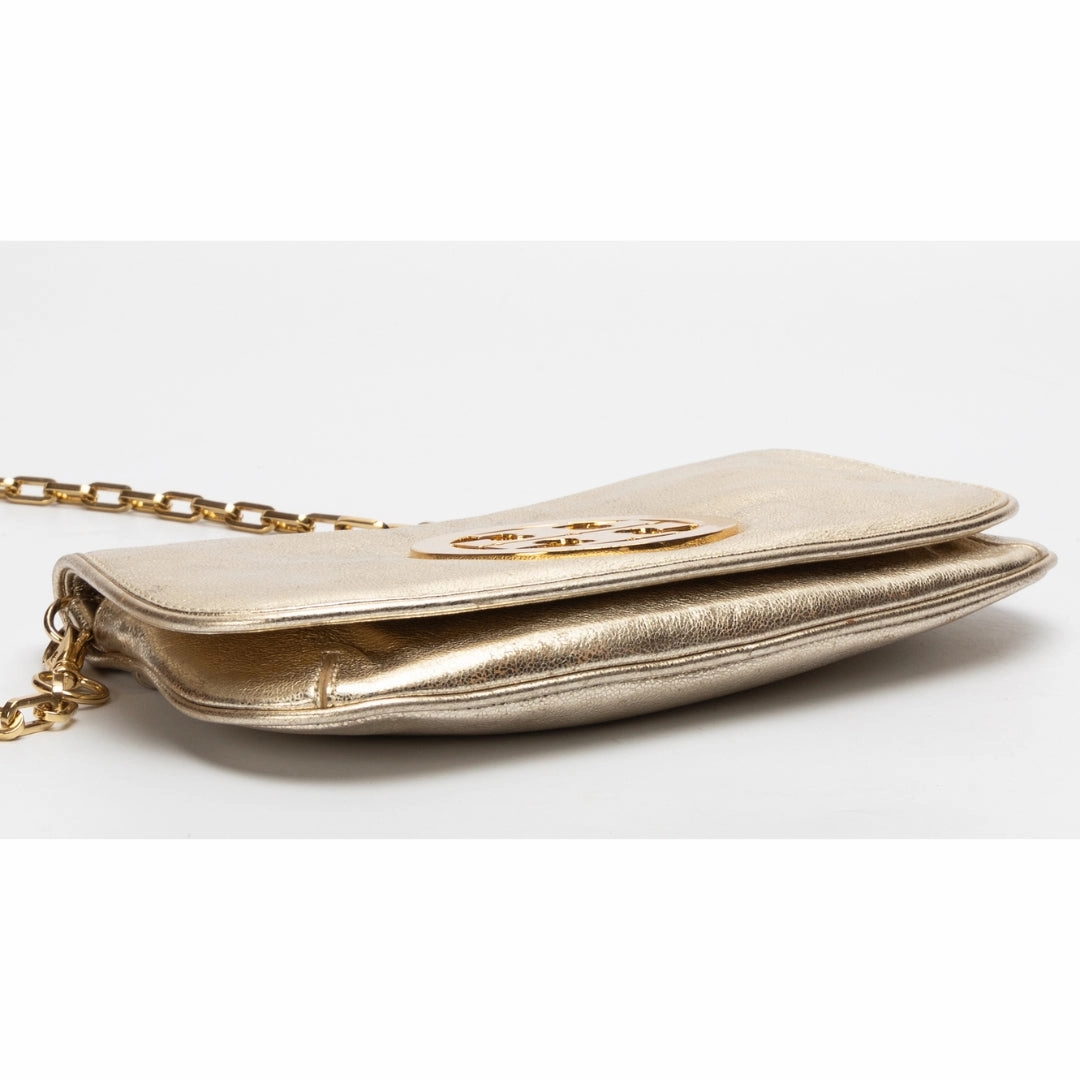 Tory Burch Gold Laminated Leather Reva Logo Crossbody Bag