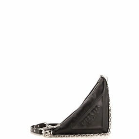 Triangle Logo Zip Chain Crossbody Bag Embossed Leather Small