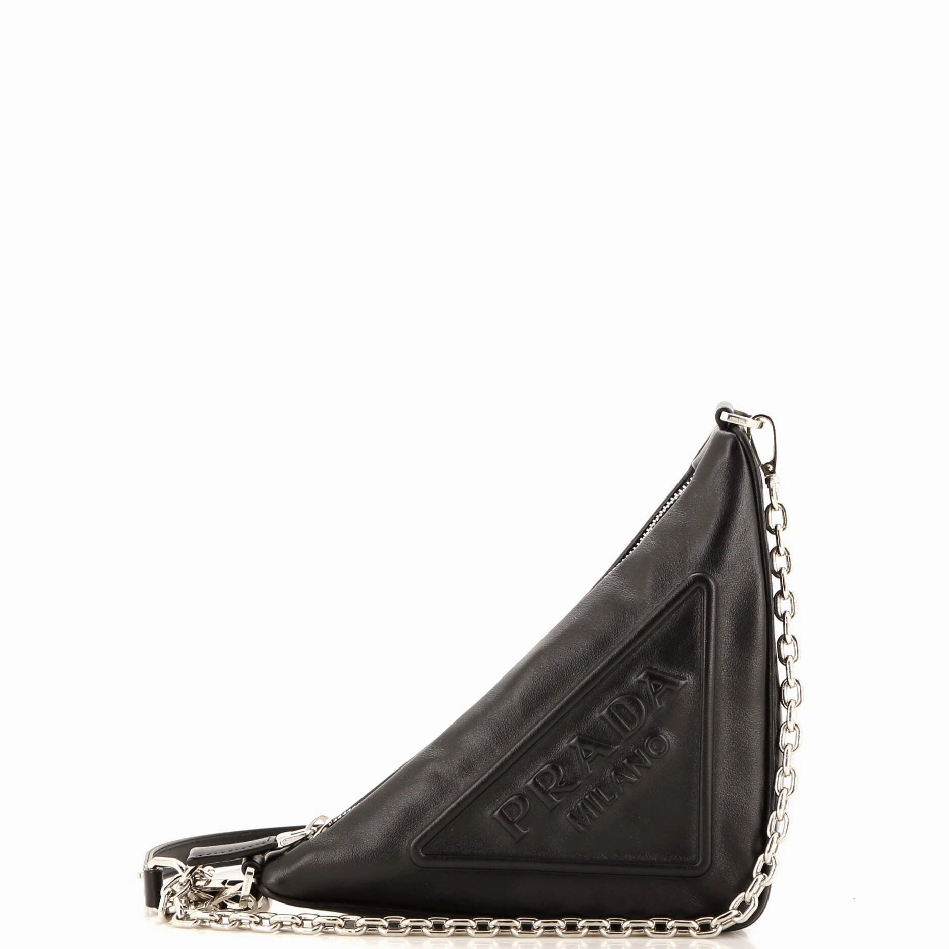 Triangle Logo Zip Chain Crossbody Bag Embossed Leather Small