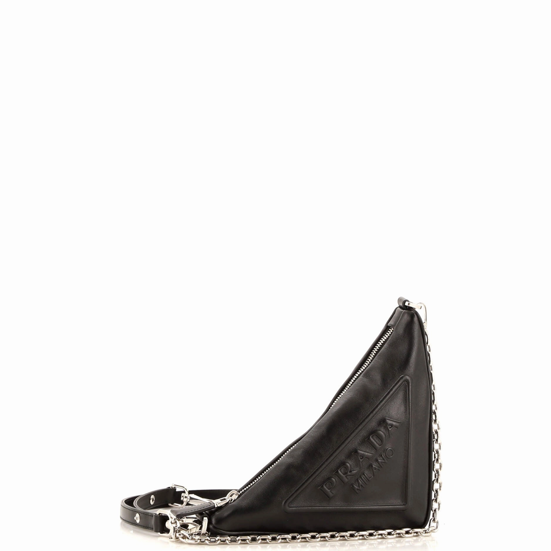 Triangle Logo Zip Chain Crossbody Bag Embossed Leather Small