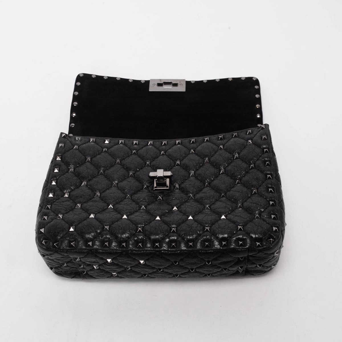 Valentino Black Crinkled Lambskin Medium Rockstud Spike Top Handle Bag