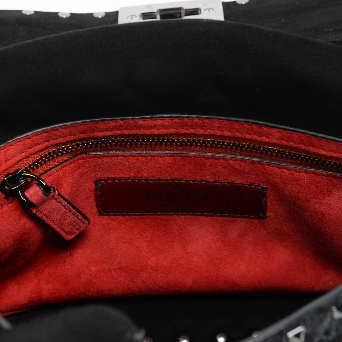 Valentino Black Crinkled Lambskin Medium Rockstud Spike Top Handle Bag