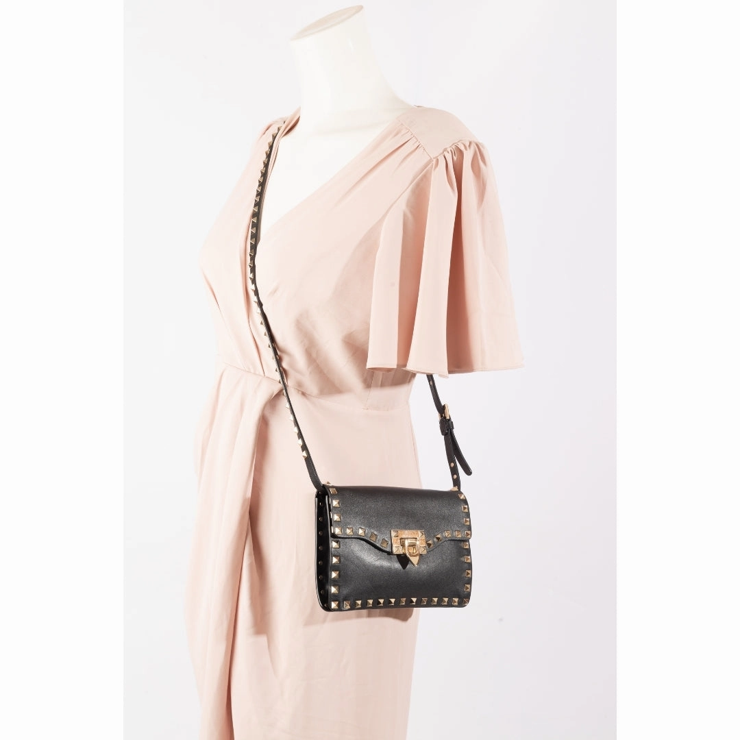 Valentino Black Leather Rockstud Flap Crossbody Bag