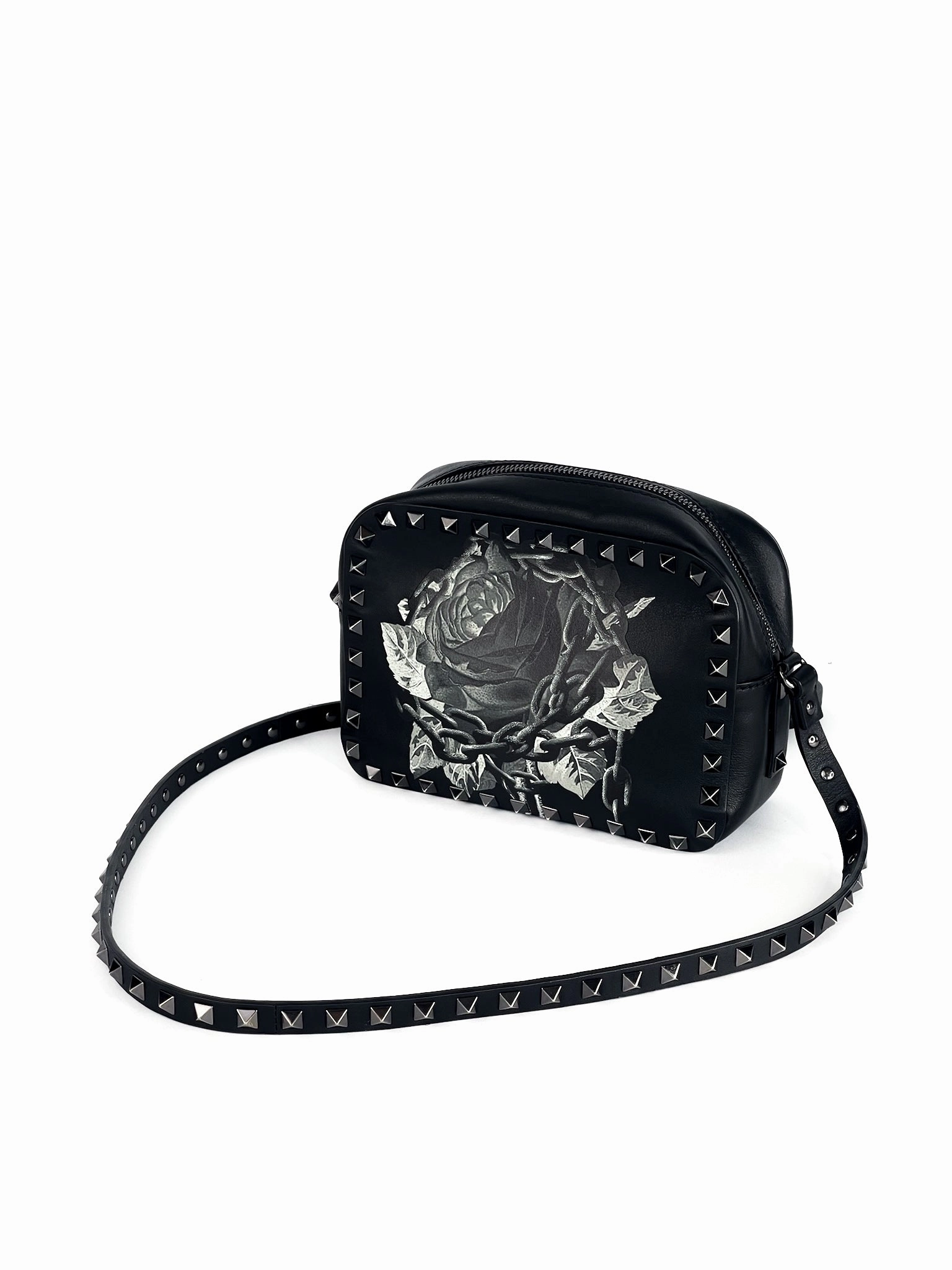 Valentino Garavani X UNDERCOVER Calfskin Rockstud Rose Print Camera Crossbody Bag Black Limited Edition