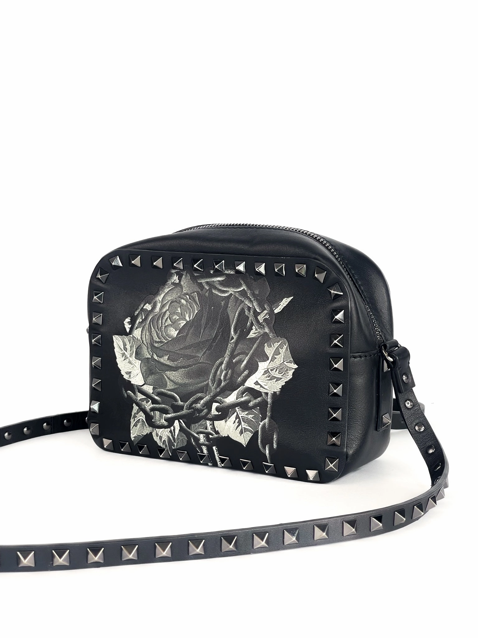Valentino Garavani X UNDERCOVER Calfskin Rockstud Rose Print Camera Crossbody Bag Black Limited Edition