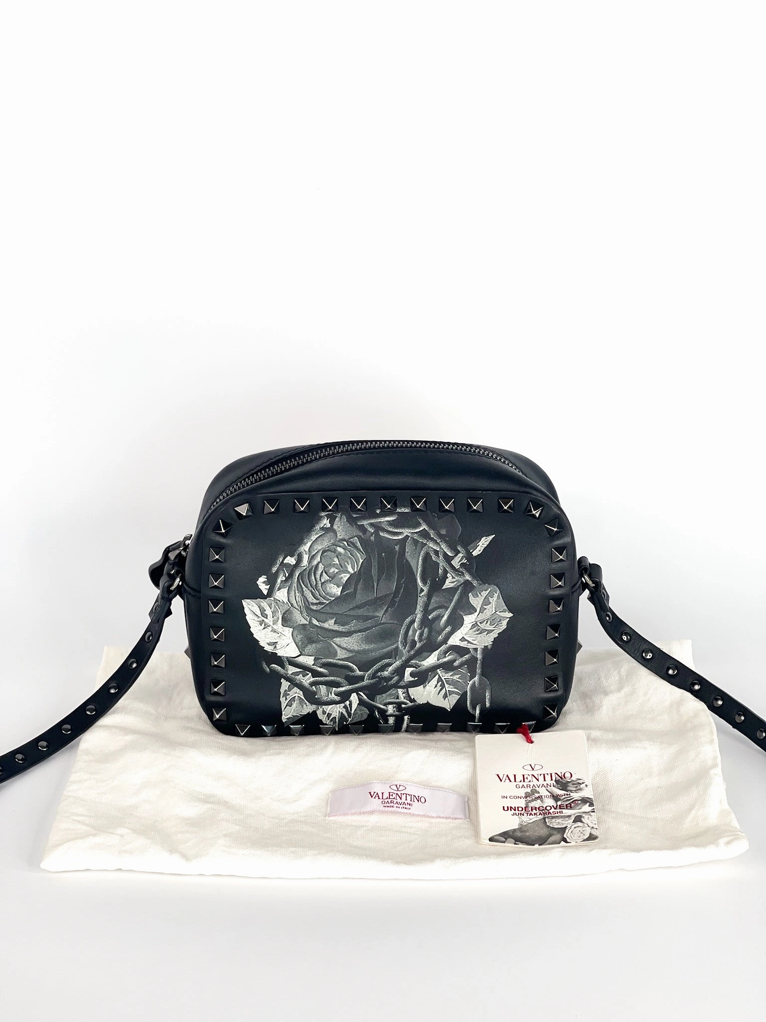 Valentino Garavani X UNDERCOVER Calfskin Rockstud Rose Print Camera Crossbody Bag Black Limited Edition