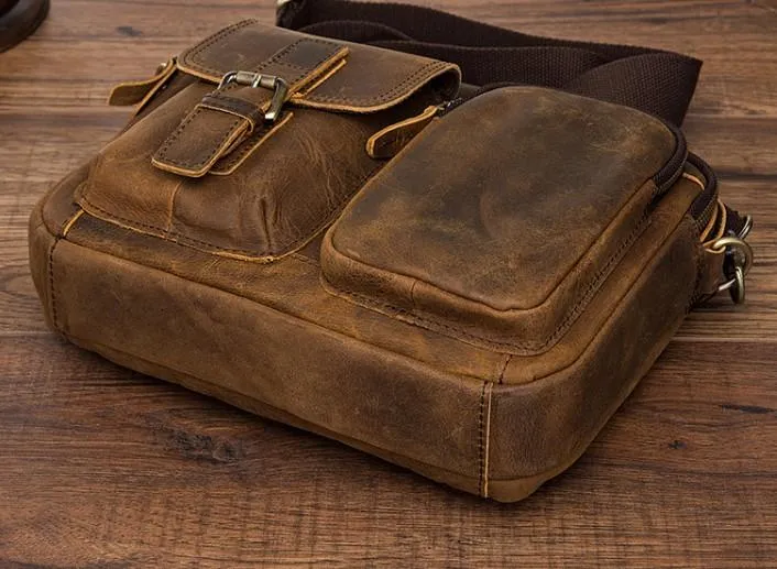 Vintage Brown Leather Small Messenger Bag Small Side Bag Shoulder Bag For Men