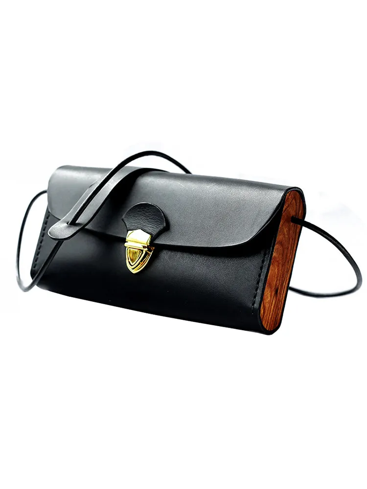 Vintage LEATHER Wooden WOMEN Small Cell Phone SHOULDER BAG Crossbody Purse FOR WOMEN