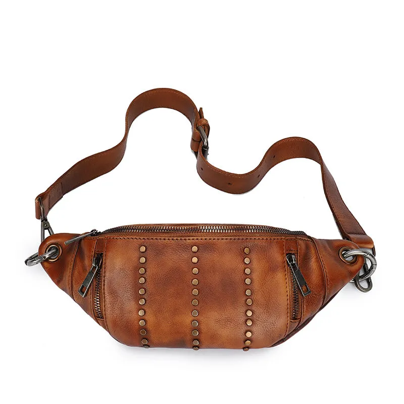 Vintage Women Brown Leather Rivet Waist Bag Fanny Pack Handmade Shoulder Rivet Hip Packs for Women