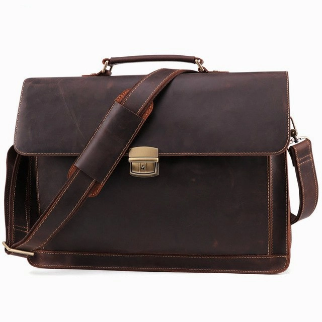 Vintage Crazy Horse Genuine Leather Briefcase Men Business Handbag Male Laptop Shoulder Bags Men