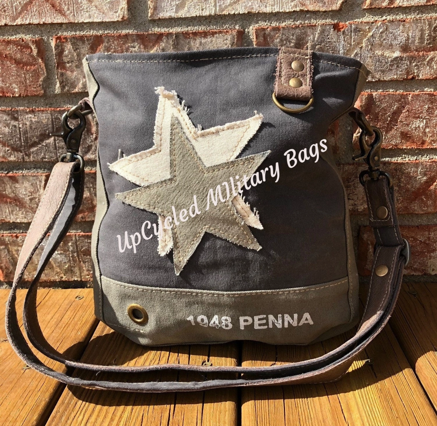 Vintage Double Star Sustainable Canvas Bag Crossbody Purse     Great Size Crossbody!