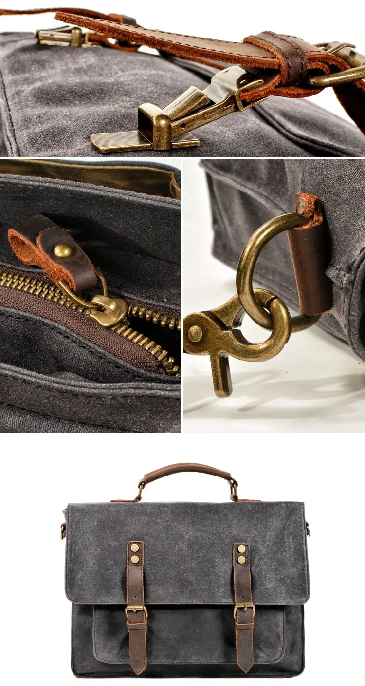 Waxed Canvas Leather Mens Green Casual 14???? Briefcase Handbag Messenger Bag Side Bag For Men