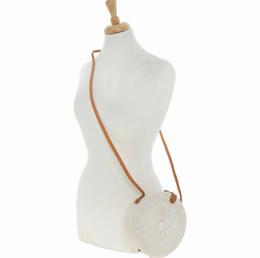 White Round Rattan Crossbody Bag