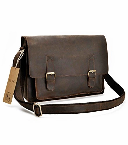 Zlyc Men Vintage Handmade Leather Messenger Bag Shoulder Briefcase Fit 14 Inch Laptop, Dark